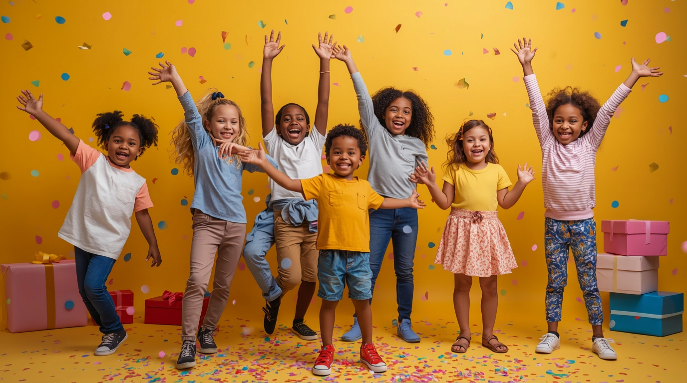 A joyful group of kids cheering as colorful confetti falls around them