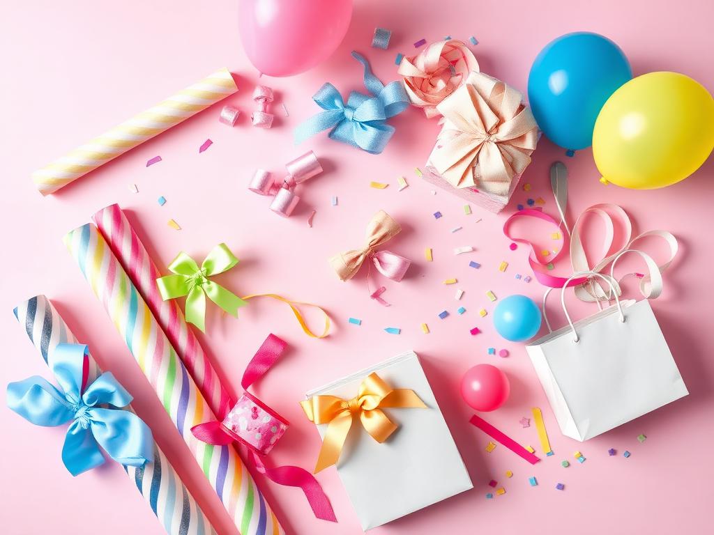 Colorful gift wrapping paper, ribbons, bows, and party supplies