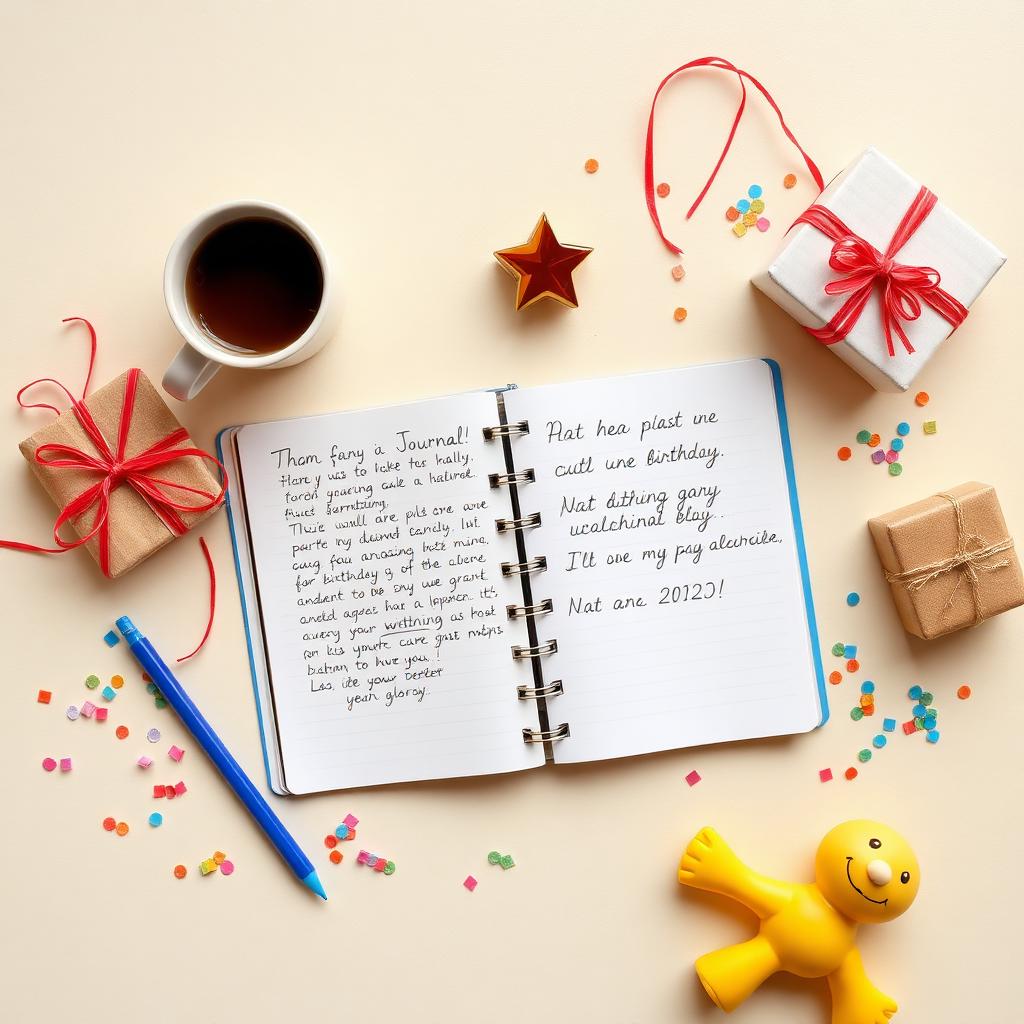 An open journal surrounded by birthday gifts, holiday ornaments, a baby toy, and colorful confetti