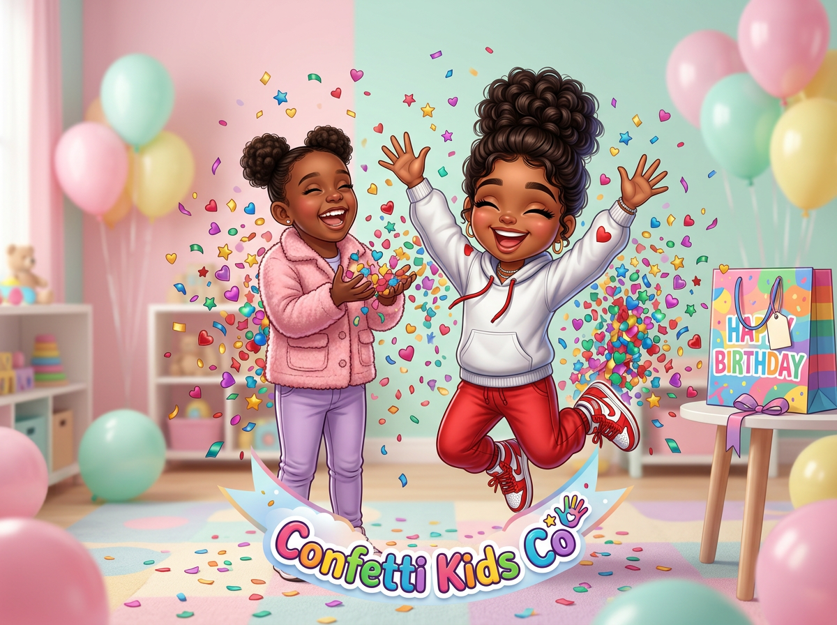 Kay-Kay and Kahlani celebrating the birthday giveaway with confetti