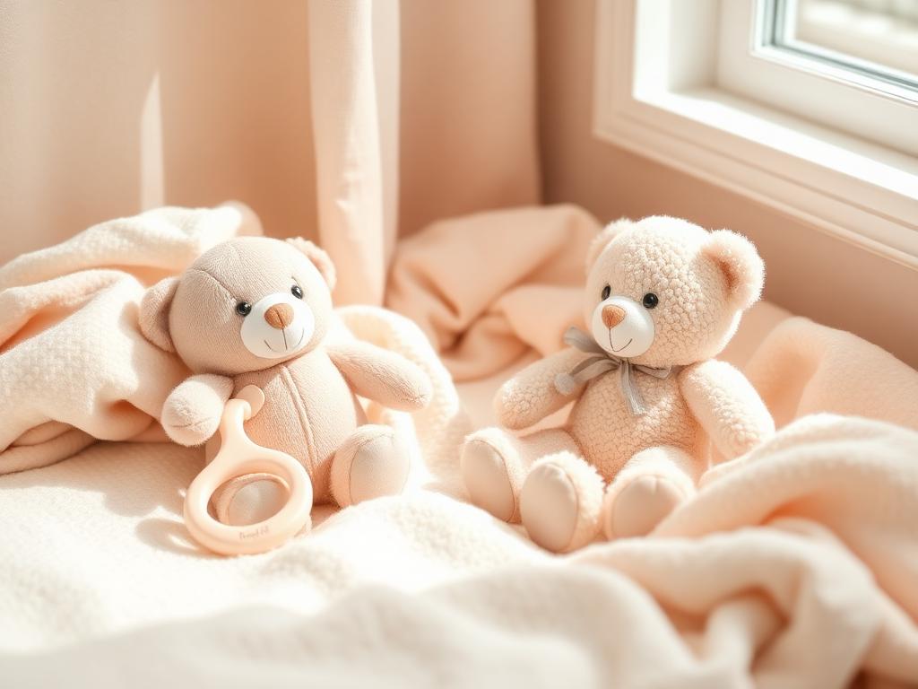 Cozy nursery scene with soft baby rattles and plush toys