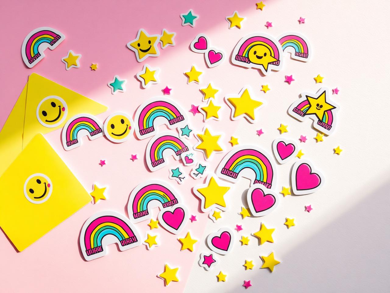 Colorful kid-friendly vinyl stickers — rainbows, smiley faces, stars, and hearts